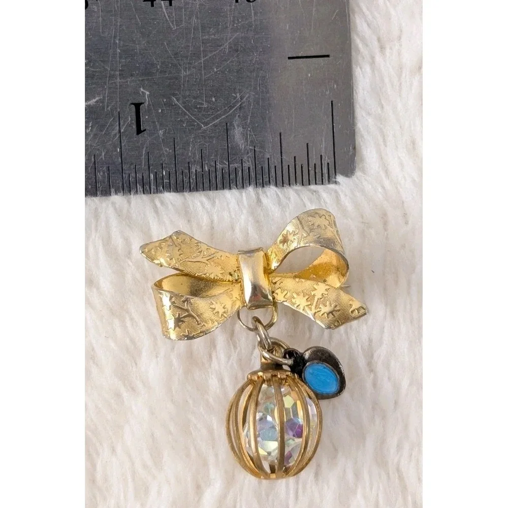 Vintage Gold Tone Bow Brooch Caged AB Crystal Charm‎ Heart Dangle 1960s Jewelry